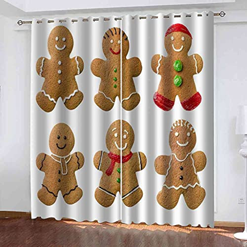 GXLOGA 3D Tenda Isolante 2 Pannello Omino di pan di zenzero di Natale Tende Oscuranti con Occhielli Isolamento Tende per Finestre Termiche Solide per Soggiorno Camera da Letto Balcone 300x270 cm (LxA)