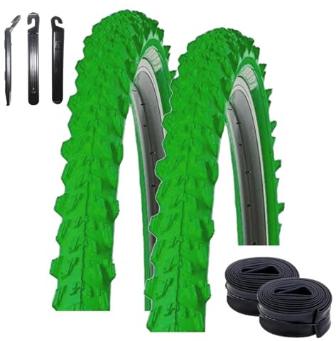 2 x Kenda 24 Pyscho K-829 MTB Fahrradreifen in Grün 50-507 (24 x 1,95) + 2 passende Schläuche AV inkl. maxxi4you Reifenheber