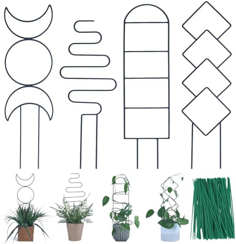 Wellsign Indoor Plant Trellis for Climbing Plants, 16inch Small Garden Metal Trellis for Potted Plants Outdoor with Different Patterns for Vine Ivy Flower Plant Support 4 Pack