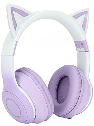 Focket Ecouteurs Bluetooth, Ecouteurs Oreilles de Chat avec Microphone, Ecouteurs sans Fil Lumineux à 7 LEDs avec contrôle du Volume, Ecouteurs de Jeu Pliables pour Enfants et Adultes 15H (Violet)