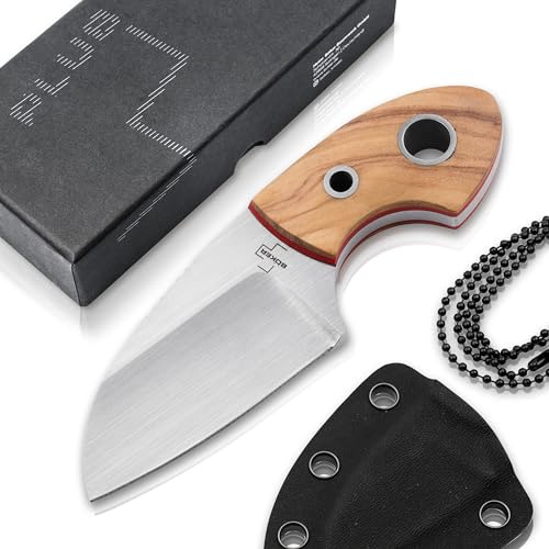 BÖKER PLUS® Gnome Olive Messer - feststehendes Mini Messer mit Holz-Griff - Neck Knife mit Kydex Scheide - Halsmesser mit Halskette zum Umhängen - EDC Zweifinger Nackenmesser mit D2 Klinge
