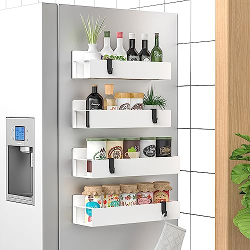 HuggieGems 4 Pack Magnetic Spice Storage Rack Organizer for Refrigerator and Oven, White Fridge Organizers and Storage