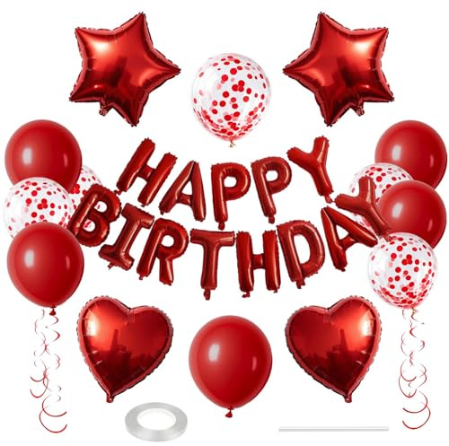 WEIKA 27 Pcs Red Birthday Decorations, 3D Foil Red Happy Birthday Balloon Banner, Pentagram Heart Foil Balloons Confetti Balloons Kit For Boys Girls Birthday Party Supplies
