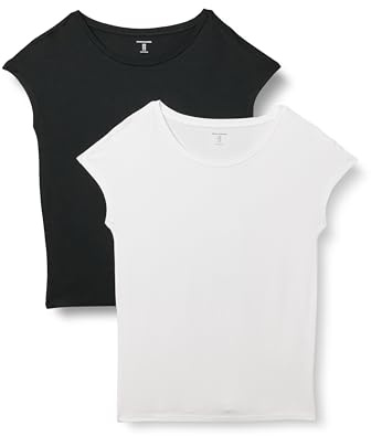 Amazon Essentials Women's Jersey Regular-Fit Short-Sleeve Boat-Neck T-Shirt, Pack of 2, Black/White, Medium