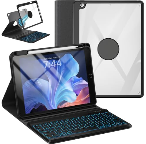 OYEEICE - Funda para iPad de 9.7 pulgadas con teclado para 6ª generación 2018, 5ª generación 2017, Air 2nd 2014, cubierta protectora transparente desmontable giratoria con teclado retroiluminado de 7