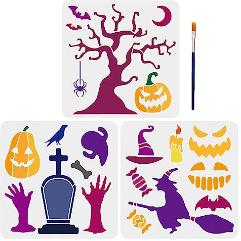 MAYJOYDIY 3 Stück Kürbis Geist Schablonen 30 × 30 cm Halloween Thema Hexe Fledermaus Malvorlage Toter Baum Spinne Grab Musterschablone Mit Pinsel Für Holzwände Stoffe Fenster