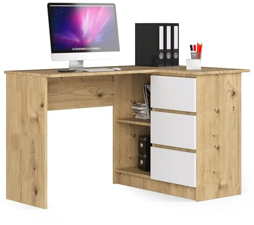 AKORD Eckschreibtisch B16 mit Regal 124 cm | 3 Schubladen Links | Schreibtisch | Ecktisch | Eck Schreibtisch | für Home | für Office | B124 x H77 x T85 cm 41,40 kg | Kunsthandwerkliche Eiche/Weiß