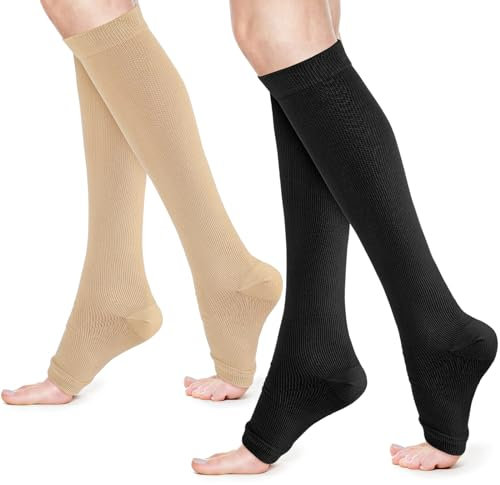 2Pairs Compression Socks for Women, Open Toe Medical Compression Stockings Support Knee High Calf 15-25mmHg Flight Compression Socks for varicose veins Nurses Running Flying Sports (S/M Black/Beige)