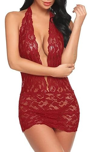 HOTSO Damen Tiefer V-Ausschnitt Teddy, Lingerie Spitze Body Nachtwäsche Reizwäsche Set Frau Durchsichtig Einteilig mit Strumpfband Ohne Strümpfe Hochzeitnacht (Rot, L-XL)