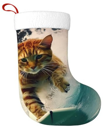 cfpolar Niedliche Katze Surfen Weihnachtsstrümpfe 45 cm, Weihnachtsbaum hängende Strumpf Weihnachtsschmuck Ornamente Strumpf Klassischer Geschenkhalter für Famliy Home Party Urlaub Saison Dekor