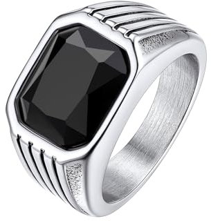 Bestyle Herren Bandring Schwarzer Onyx Edelstahl Synthetischer Edelstein Fingerring Biker für Männer, Daumen Pinky Mens Fashion Schmuck Größe 72, Silber