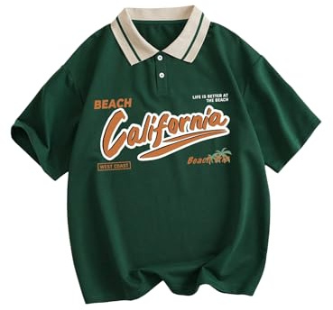 Verdusa Women's Oversized Rugby Shirt Y2K Jersey Shirts Vintage Collared Graphic Tees Preppy Outfits Dark Green Medium