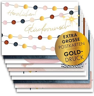 10 extra große Gold-Postkarten 17,5x12 cm zum Geburtstag Pastell Glückwunschkarten Happy Birthday Karten Grußkarten Gutschein Spruch Sprüche Boho Deko golden Golddruck veredelt Geburtstag Set Mix