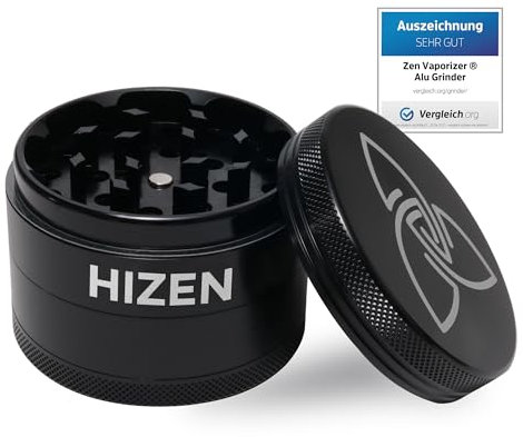 HIZEN Alu Grinder Ø 49mm, 4-teilige Kräutermühle, Crusher Set für getrocknete Kräuter, Pollen, Blüten, Gewürze mit Pollenfach und Schaber (Schwarz)