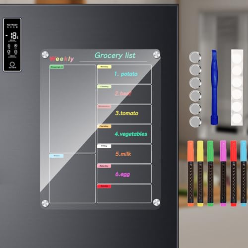 Bysameyee Calendario de refrigerador, tabla de planificación de comidas, acrílico magnético de borrado en seco, calendario mensual semanal para refrigerador con 6 marcadores de colores (transparente,