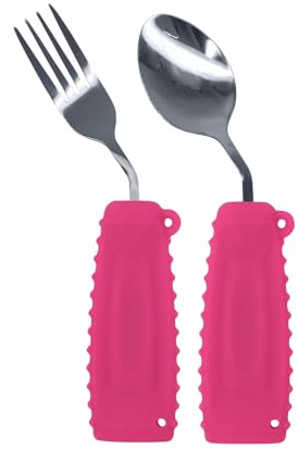 Ehucon Vaisselle lestée adaptative en argent, cuillère coudée et fourchette, pour tremblements à la main, Parkinsons, nourriture indépendante (main droite, rose, lot de 2)