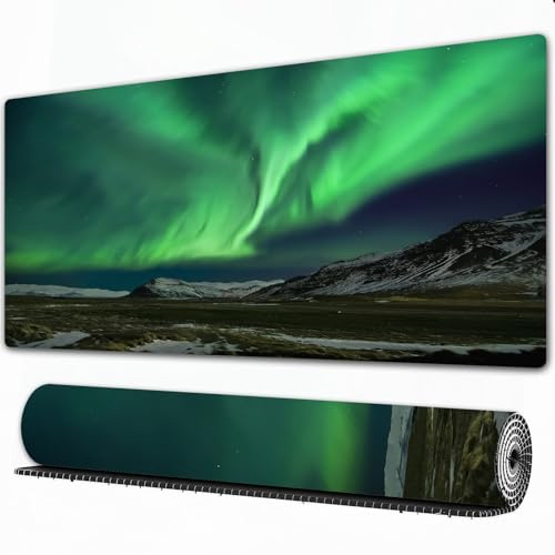 EOMKSE Mauspad Verlängertes großes Mauspad Schreibtischauflage,genähte Kanten Mauspad,Gummibasis,Nordlichter, Polarlichter Blitzen über Bergen im Nachtbild,Gaming-Mauspad,40x90 cm