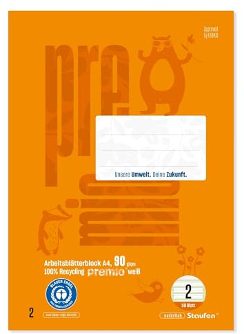 Staufen Premio Arbeitsblätterblock - 50 Blatt, DIN A4, liniert 4/4/4 mm | Lineatur 2, 100% Recyclingpapier, zertifiziert mit dem Blauen Engel, abgerundete Ecken, 90 g/m² Papier