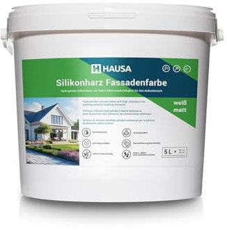 Hausa Silikonharz Fassadenfarbe 5L weiß matt, hochdeckende hydrophobe Außenfarbe mit Abperleffekt für alle Außenputze, Beton, Zement, Mauerwerk, Ziegel, witterungsbeständig atmungsaktiv