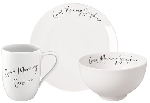 Villeroy & Boch Statement Good Morning Sunshine! Service de petit-déjeuner 3 pièces : tasse à anse (290 ml), assiette à petit-déjeuner (21 cm) et bol à céréales (14 cm), porcelaine de qualité