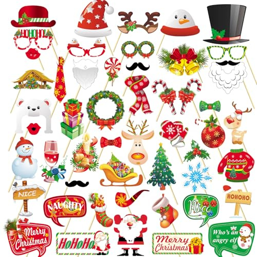 52 stycken julfest fotorekvisita, jul fotorekvisita, fotobox tillbehör jul, julfest foto booth, julfest foto rekvisita för julfest dekoration