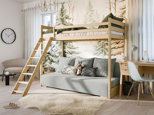Kids Collective Hochbett Sofa 90x200 cm Natur mit Schlafsofa 140x200cm Couch in Cord-Stoff salbeifarben grün OEKO-TEX100 mit 3 Kissen Etagenbett Stockbett 200x90 mit Leiter und Schlafcouch 200x140