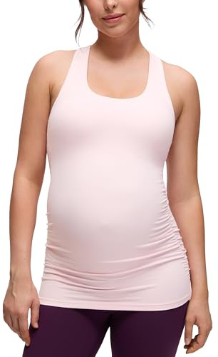 CRZ YOGA Butterluxe Maternity Racerback Tank Tops - Ruched Sleeveless Womens Pregnancy Yoga Workout Shirt with Built in Bra Strawberry Pink Medium