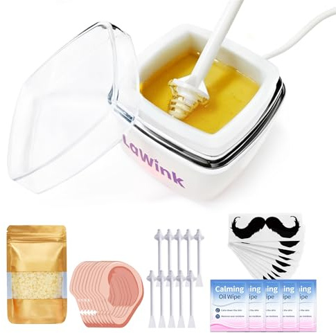 LaWink Nose Wax Kit Ear Hair Removal, Facial Waxing Kit with Mini Portable Heating Wax Warmer, 100g Wax beans, 10 Nose Sticks, 10 Ear Guards, 5 Calming Wipes Quick and Painless