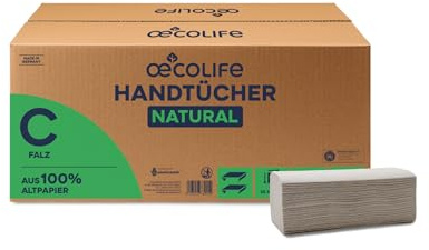 œcolife Handtücher Natural C-Falz 1-lagig | 2400 Blatt | 25x50cm grau | saugstarke graue Falthandtücher aus Recyclingpapier für Handtuchspender geeignet | Papierhandtücher Einmalhandtücher soft