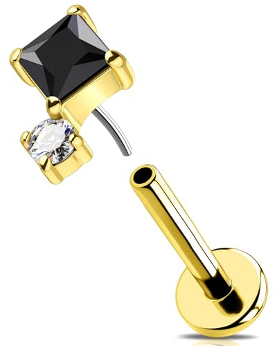 OUFER 16G Gold Helix Earring Threadless Knorpel Ohrpiercing 316L-Chirurgenstahll Tragus Ring Quadratisch Klar Schwarz CZ Labret Piercing für Damen 6/8 mm Lip Stud