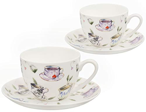 Buchensee Kaffeetassen, Teetassen Set aus Fine Bone China Porzellan. 2 Kaffeetassen je 210ml und 2 Unterteller, Tassenmuster