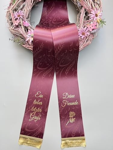 (9 Farbe Auswahl) SuperSatin Trauerschleife in Maiglöckchenmuster mit Text personalisiert, Grabsgesteckband bedruckt nach Wunschtext, Urnen- Grabstrausschleife, Kranzschleife (Bordeaux Rot, 100mm)