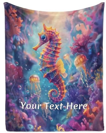Personalized Blanket Seahorse, Custom Seahorse Blanket with Name for Home Decor for All Seasons, 40x50