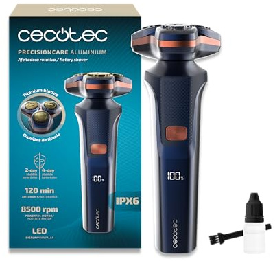 Cecotec Afeitadora Rotativa PrecisionCare Aluminium. Cuchillas para Pelo Largo y Corto, Pantalla LED Inteligente, 2 Velocidades, 8500rpm, Autonomía 2h, Cabezal Magnético y Revestimiento de Titanio