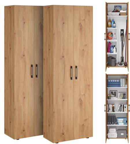 Bellamio Mehrzweckschrank Set 2-teilig – Schrank-Set mit Aktenschrank & Besenschrank in Eichenoptik – Vorratsschrank mit Staubsaugerfach – Haushaltsschrank Holz 60 cm breit – Allzweckschrank 2 Stück
