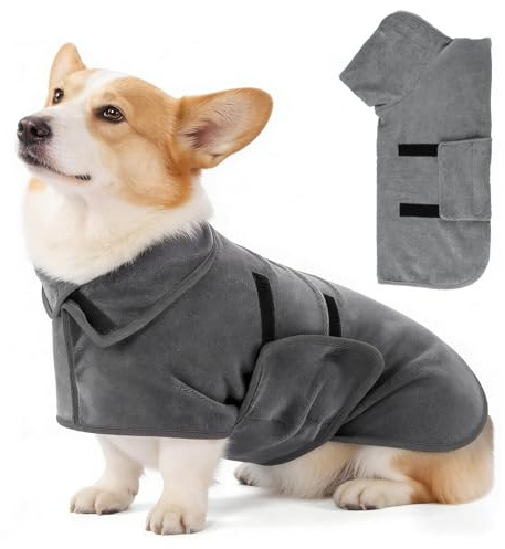 Zencantorous Hundebademantel aus Mikrofaser, Bademantel Hund Extra Saugfähig, Verstellbar, Hundehandtuch mit Klettverschluss, Bademantel für Hunde, Für Mittelgroße Und Große Hunde, Grau, L