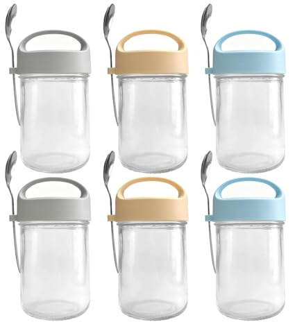 Hniuyun 6-Pack 14 oz Glass Overnight Oats Containers with Lids & Spoons – Airtight Leakproof Mason Jars with Handle for Yogurt, Chia Pudding, Salad & Meal Prep
