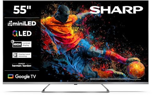SHARP 55JP7765E QLED Fernseher 55 Zoll Google TV 4K UHD Smart TV Mini-LED | Dolby Vision HDR | Dolby Atmos | Sound by Harman Kardon | Google Assistant | Triple-Tuner DVB-C/-S2/-T2 | Modelljahr 2026