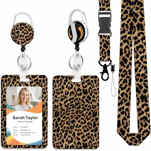 Oiieco Ausweishalter Leopard Set, Kartenhalter mit Lanyard Einziehbar, Ausweishülle mit Schiebedeckel, Badge Reel mit Clip, Retractable ID Kartenhalter Schlüsselband für Büro Krankenschwester Lehrer