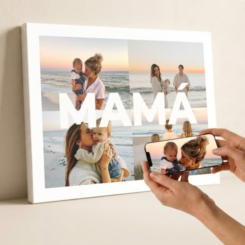 Cristal Plaque - Lienzo Personalizado con 4 Fotos y Texto “MAMÁ” | Cuadro Decorativo en Bastidor de Madera | Regalo Original para Madre | Decoración para Salón o Dormitorio | Impresión Premium