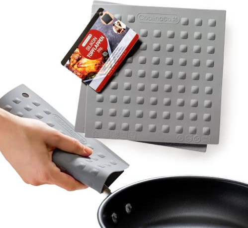 Coolinato 2in1 Topflappen Silikon grau, 2er Set, 20x20 cm, Untersetzer für Töpfe und Pfannen, Topfuntersetzer hitzebeständig bis 230 Grad, rutschfest und spülmaschinenfest