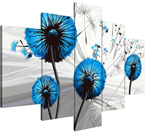Estika Leinwand bilder - Pusteblume Blau - 150x105 cm, 5 teilige kunstdruck - Wandbilder wohnzimmer, schlafzimmer, Moderne wanddeko, Bild auf leinwand - Abstrakt blumen bilder - 5055A_5H