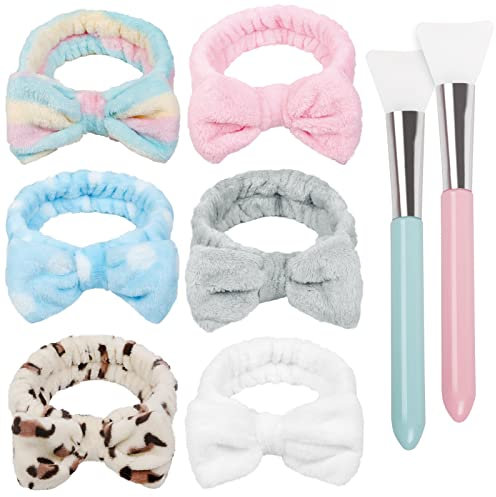 TERSE Haarband Schminken Damen Mädchen Bowknot Kosmetik Stirnband mit 2 Stück Silikon Maskenpinsel Weich Korallenrot Fleece für SPA Waschen Gesicht, 6 Stück