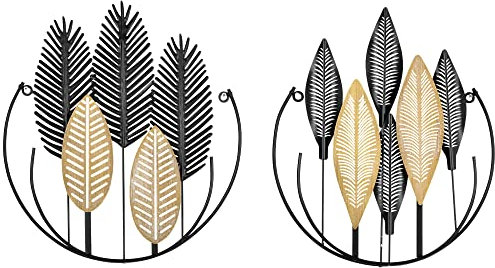 HOMCOM Wanddekoration Metall 2 Stück 3D Wandbild Blätter Wandkunst Metallbild für Zuhause, Wohnzimmer, Schlafzimmer, 40 x 46 cm