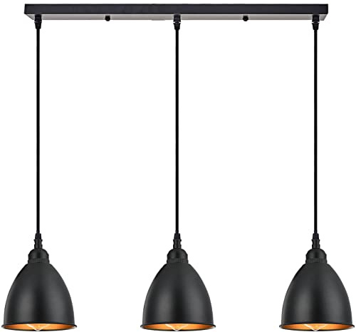 TERLEENART 3-Lights Kitchen Island Pendant Light,Industrial Farmhouse Hanging Chandelier with Matt Black Metal Bell Shade Build-in Golden Color, for Dining Room Table Staircase Hallway