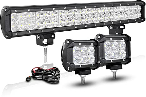 RIGIDON 51cm 126W LED Arbeitsscheinwerfer Bar mit 12V Kabelbaum kit, 2 Pcs 10cm 18W Flutlicht Led Scheinwerfer Offroad Wasserdicht für 4x4 Auto Traktor SUV ATV 6000K Weiß Zusatzscheinwerfer