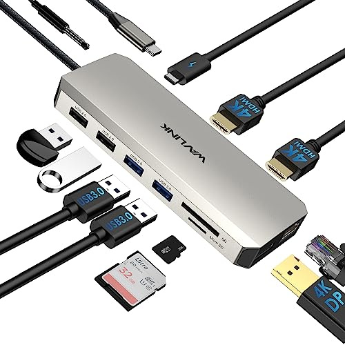 WAVLINK 12-in-1 USB C Docking Station, Dual HDMI Dockingstation USB C, Multiport-Adapter mit 4K Dual HDMI, DP, 100W PD IN, USB3.0, USB2.0, RJ45, SD/TF Slots, Audio/Mic