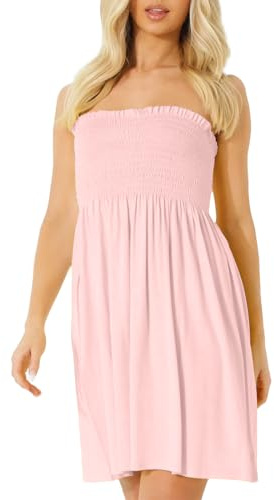 NetSetUK Women's Strapless Sheering Boob Tube Gather Oversized Plus Size Elasticated Bust Bandeau Plain Beach Summer Sleeveless Top Mini Dress for Ladies 8-22 Baby Pink