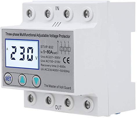 Stabilizzatore di Tensione Trifase Regolabile con Protezione di Tensione e Ripristino Automatico, Display LCD, 63A - Relè di Protezione di Tensione per Uso Industriale e Domestico