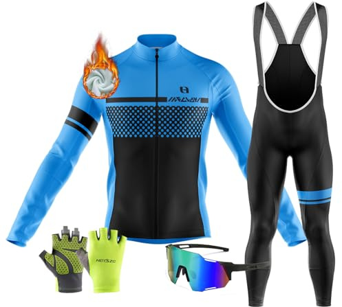 Ropa Ciclismo Otoño/Invierno/Primavera para Hombre Ciclismo Acolchado Maillot MTB de Manga Larga y Culotte Pantalones Acolchado 9D＋Gafas de Ciclismo Guantes